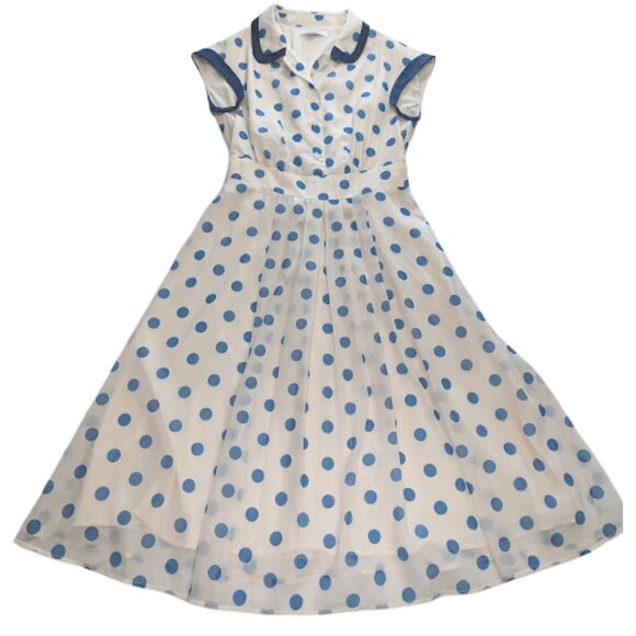 Wiwalorna Blue Polka Dot Fit & Flare Midi Dress Retro Peter Pan Collar * SZ L - Picture 1 of 8
